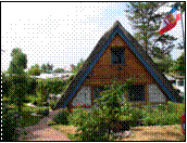 Frontansicht des Ferienhuschens vom Deich aus gesehen
